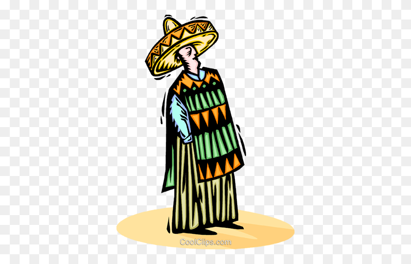 364x480 Person Wearing A Sombrero And A Poncho Royalty Free Vector Clip - Poncho Clipart