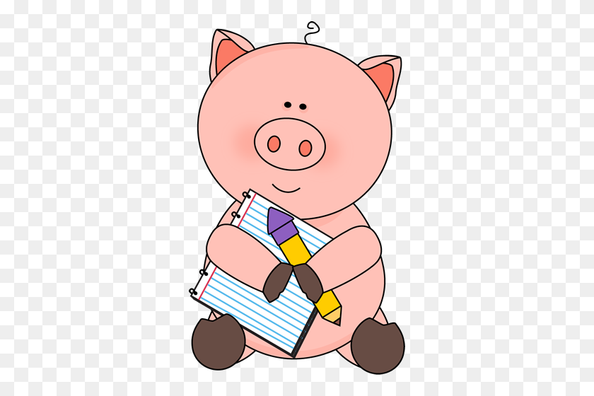 306x500 Pig With Notepad And Pencil Clip Art - Notebook And Pencil Clipart
