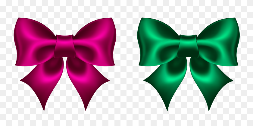 6049x2807 Pink And Green Bow Png Clipart - Pink Bow PNG