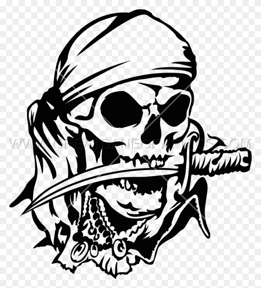825x916 Pirate Skull Knife Ilustraciones Listas Para La Producción Para La Impresión De Camisetas - Clipart De Esqueleto En Blanco Y Negro