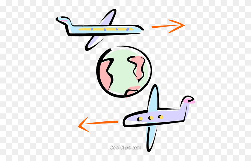 468x480 Planes Flying Around The World Royalty Free Vector Clip Art - Plane Flying Clipart