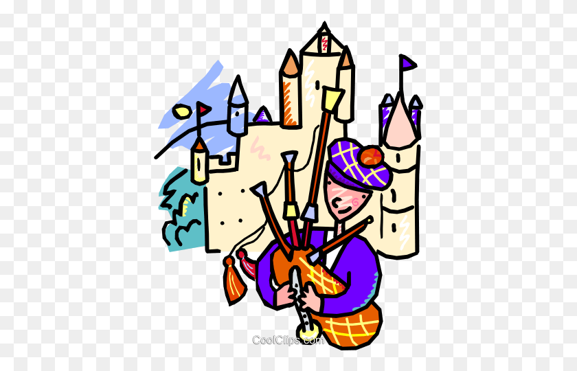392x480 Playing Bagpipes In Front Of Castle Royalty Free Vector Clip Art - In Front Of Clipart