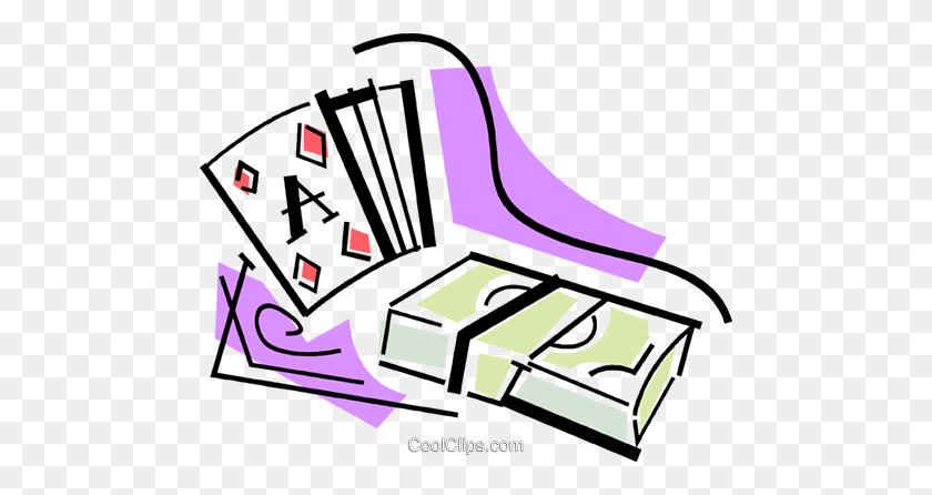 480x386 Playing Cards And A Stack Of Money Royalty Free Vector Clip Art - Playing Cards Clipart