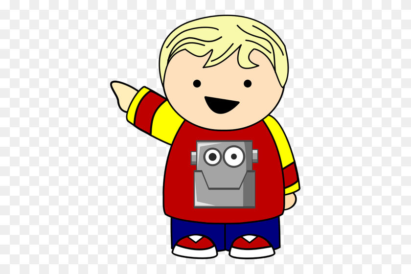 389x500 Pointing Kid In Robot Shirt - Child Pointing Clipart