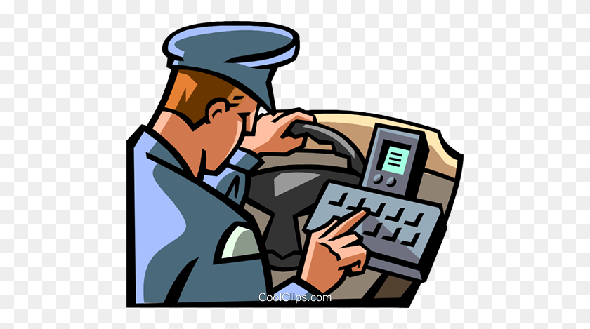 480x409 Police Officer Checking His Computer Royalty Free Vector Clip Art - Officer Clipart