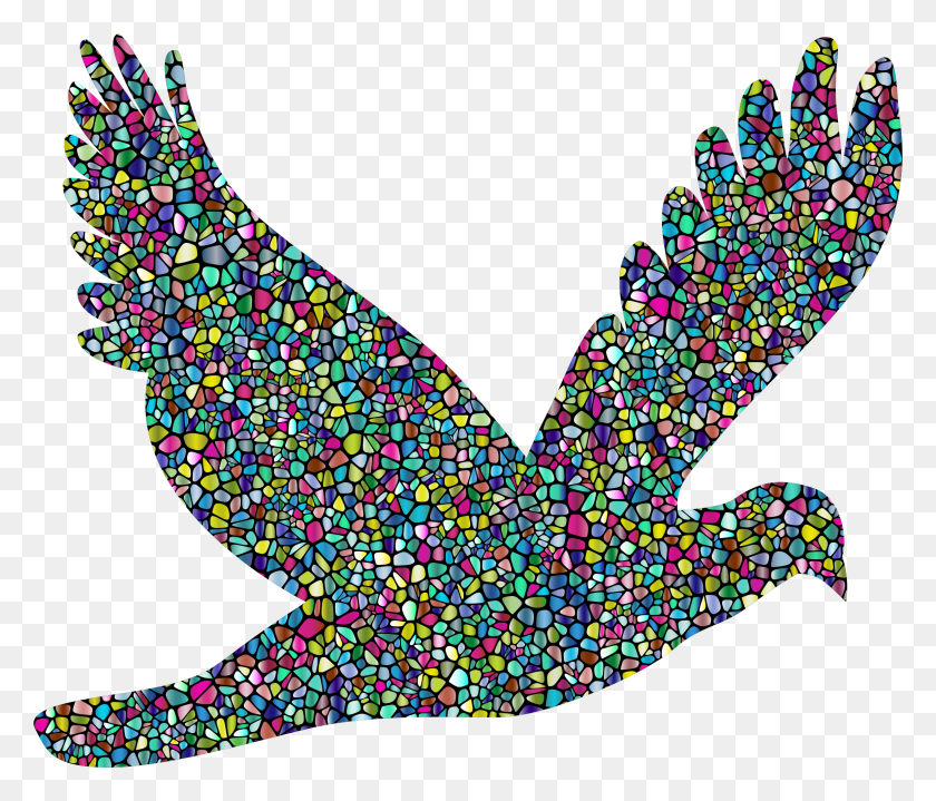 Polyprismatic Tiled Flying Dove Silhouette With Background Icons - Doves Flying PNG