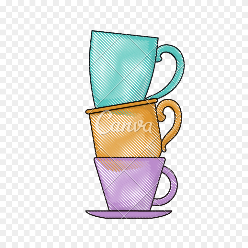 800x800 Porcelain Cup Stack Colored Crayon Silhouette - Stacked Teacups Clipart