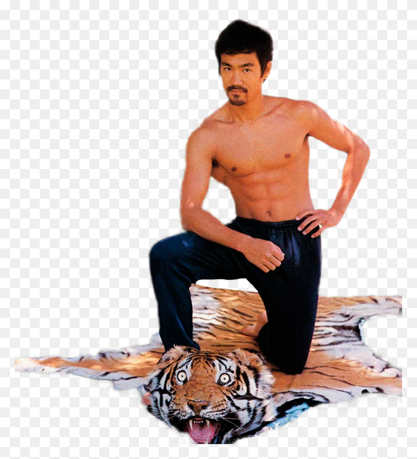 900x998 Psbattle Bruce Lee Taking A Knee On A Shocked Looking Tiger Skin - Bruce Lee PNG
