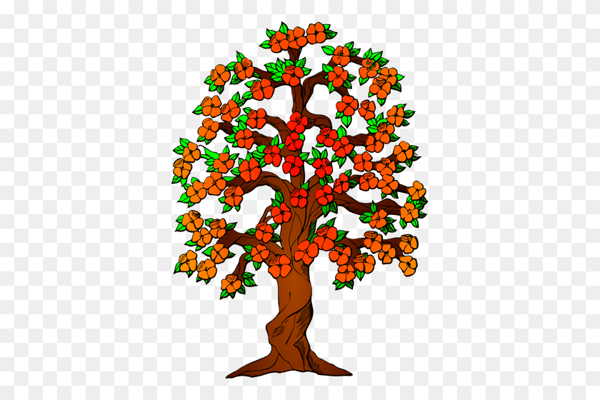 359x500 Red Blossoms On A Tree Vector Drawing - Red Truck With Christmas Tree Clipart