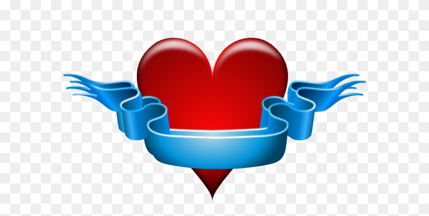 600x364 Red Heart With Blank Blue Ribbon Png, Clip Art For Web - Ribbon Clipart PNG