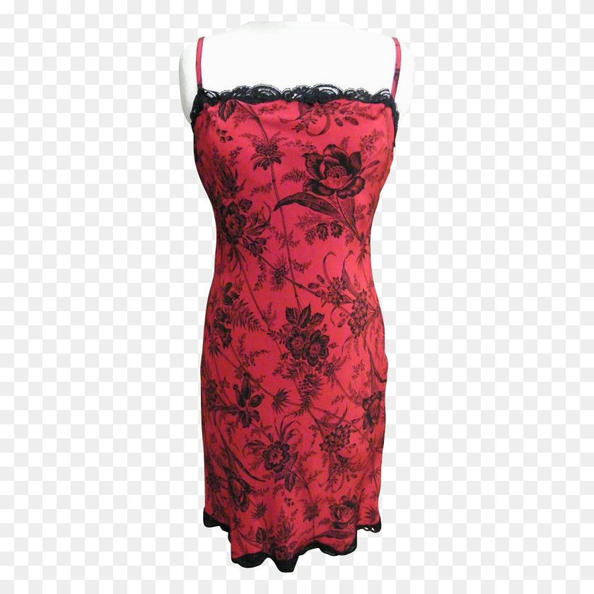 1949x1949 Red Rayon Slip Or Dress With Black Floral Spray Print Black Lace - Black Lace PNG