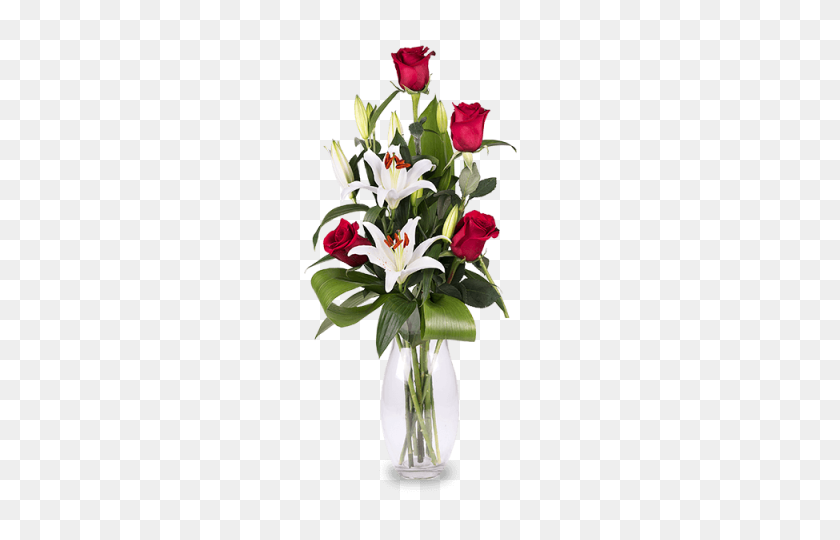 480x480 Red Rose And White Lily Bouquet - Bouquet Of Flowers PNG