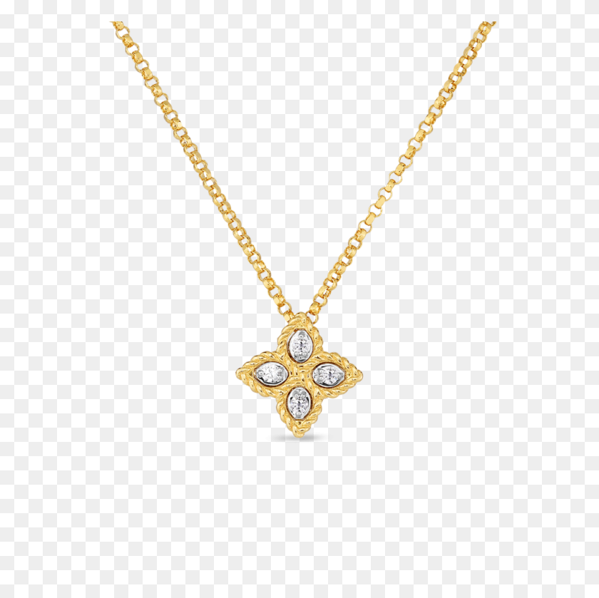 1000x1000 Roberto Coin Princess Flower Gold And Diamond Pendant Providence - Diamond Necklace PNG