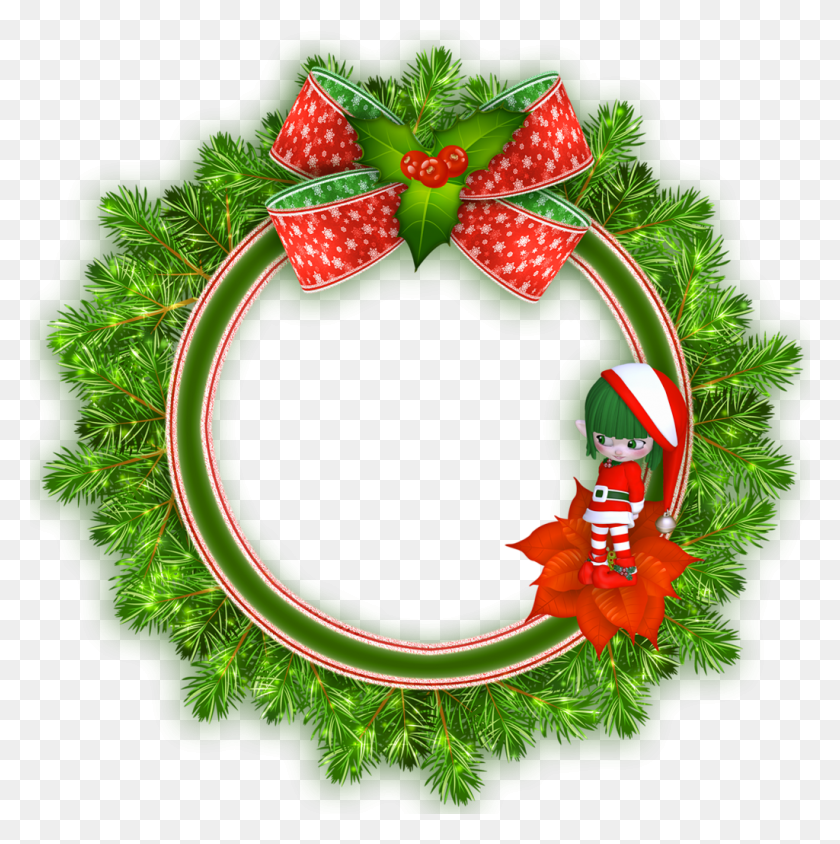 1024x1030 Round Transparent Christmas Photo Frame With Elf Christmas Png - Wreath Clipart Transparent Background