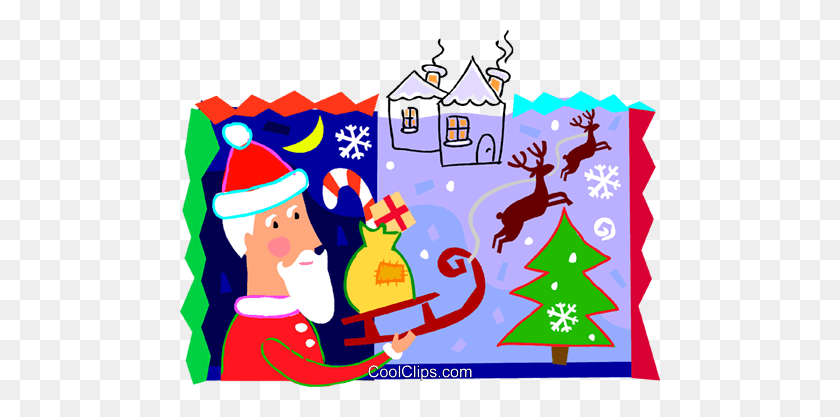 480x357 Santa And His Sleigh With Reindeer Royalty Free Vector Clip Art - Santa Sleigh Clipart