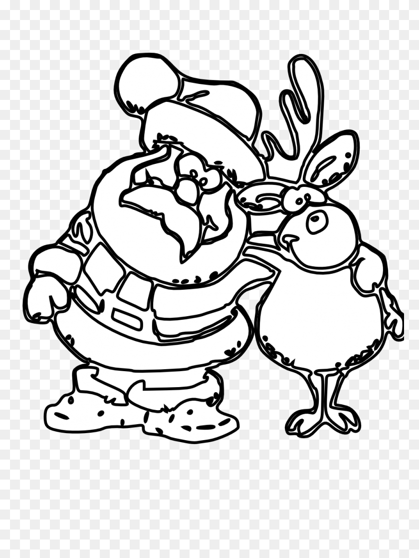 999x1355 Santa And Reindeer Black White Line Art Christmas - Reindeer Black And White Clipart
