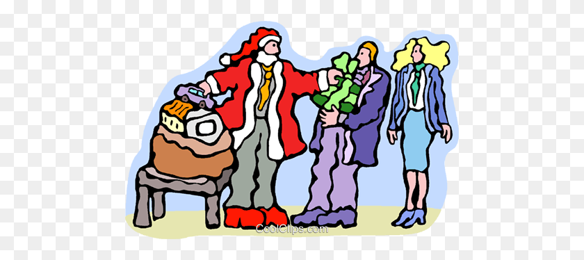 480x314 Santa Handing Out Gifts Royalty Free Vector Clip Art Illustration - Social Interaction Clipart