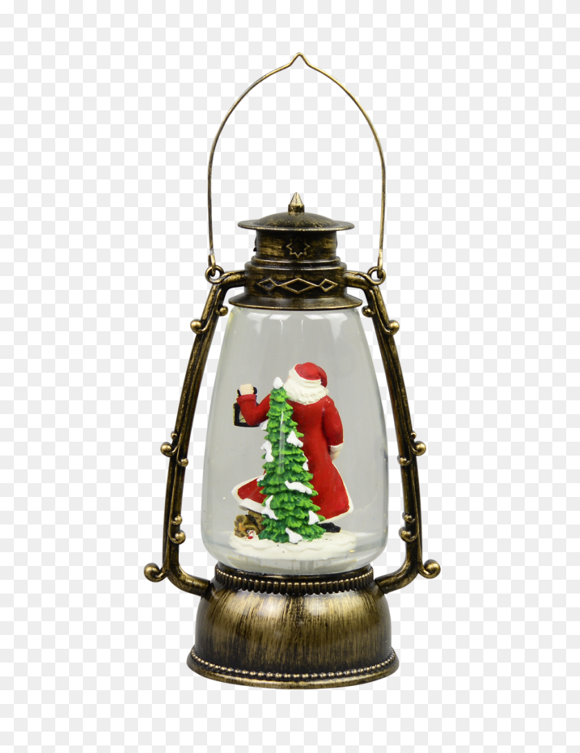 907x1200 Santa In Antique Look Hurricane Lantern Snow Globe Ornament - Snow Globe PNG