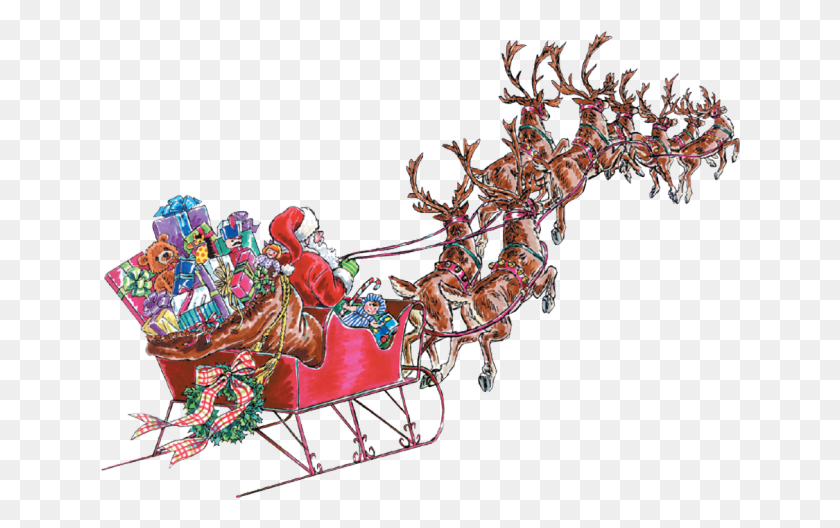 640x468 Santa Sleigh Flying Png - Santa And Reindeer Clipart