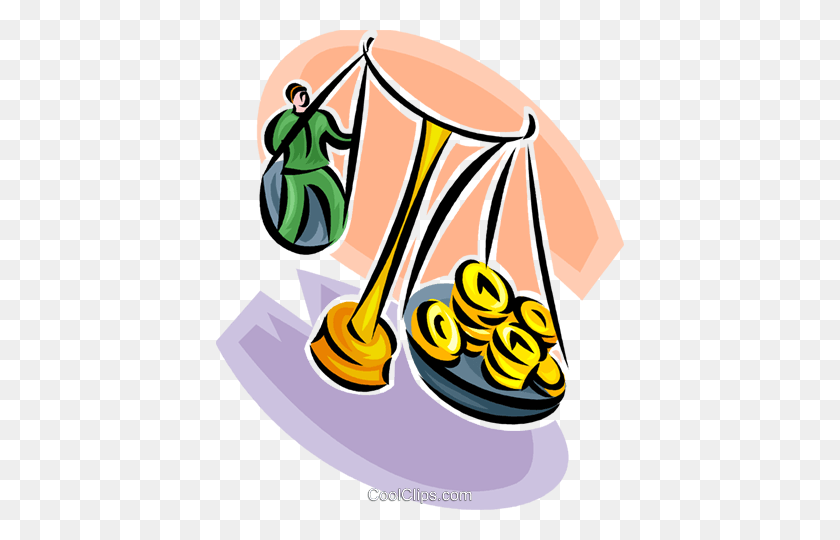 408x480 Scales Of Balance With Dollars And Gold Royalty Free Vector Clip - Balance Clipart