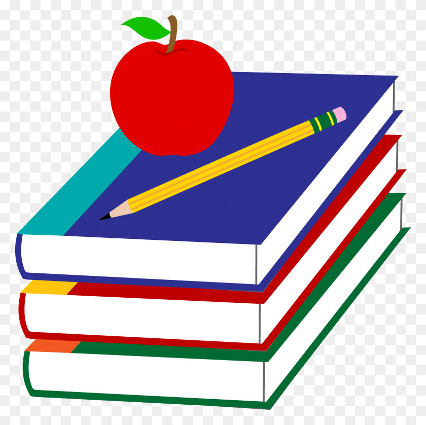 4461x4450 School Books With Apple And Pencil - School Clip Art Free
