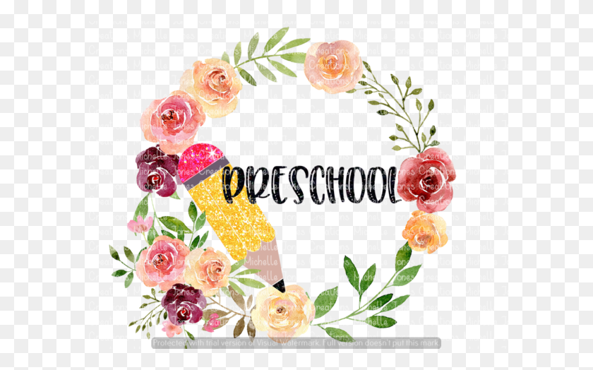 600x464 School Floral Wreath With Pencil Mjctransfers - Floral Wreath PNG