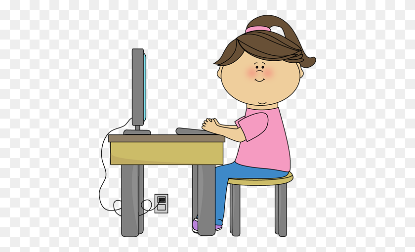 440x450 School Girl Using A Computer Clip Art School - Sit At Desk Clipart