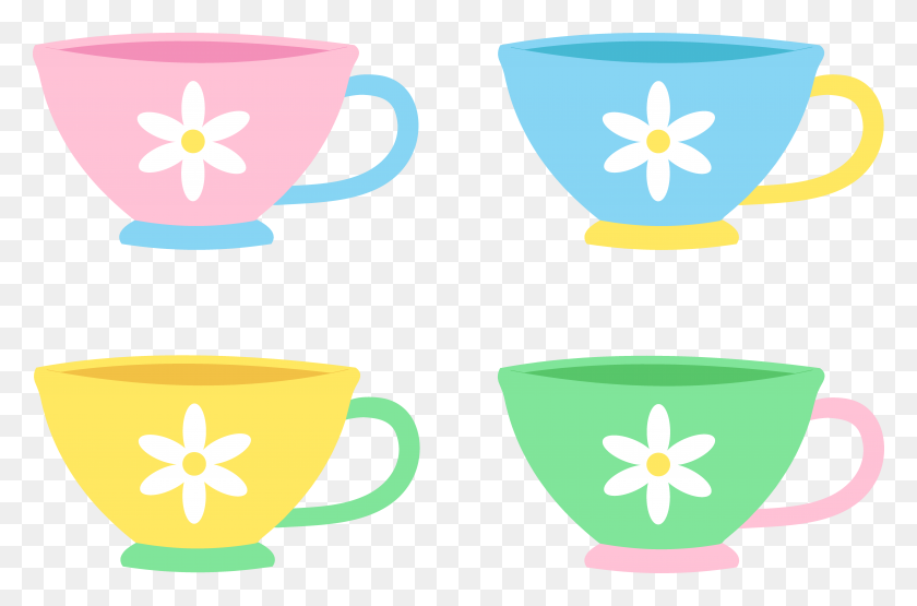 7305x4636 Set Of Four Cute Pastel Tea Cups - Cup Clipart