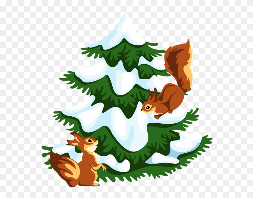 598x600 Snowy Tree With Squirrels - Snowy Clipart