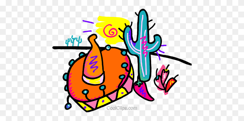 480x357 Sombrero, Cactus And Hot Pepper Royalty Free Vector Clip Art - Sombrero Clipart