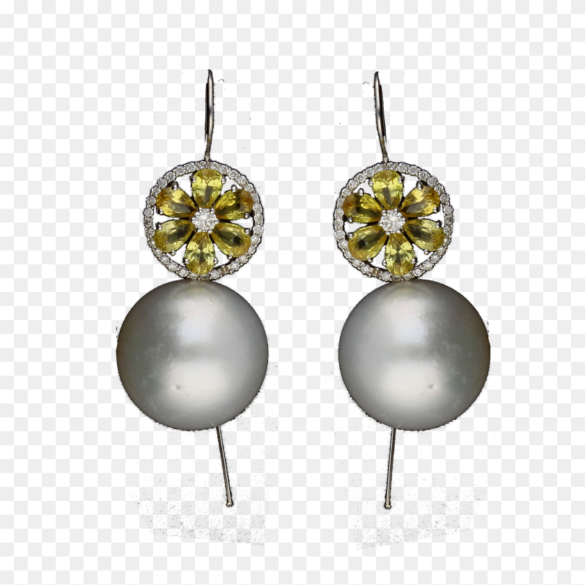 1984x1989 South Sea Pearl Earrings With Diamond Yellow Sapphire Tops - Diamond Earrings PNG