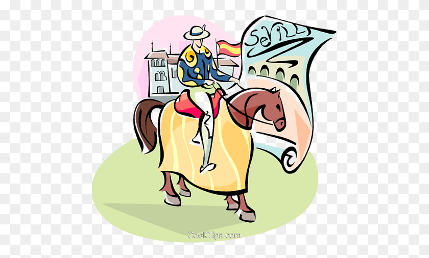 480x446 Spanish Man On Horseback In Seville Royalty Free Vector Clip Art - Free Rodeo Clipart