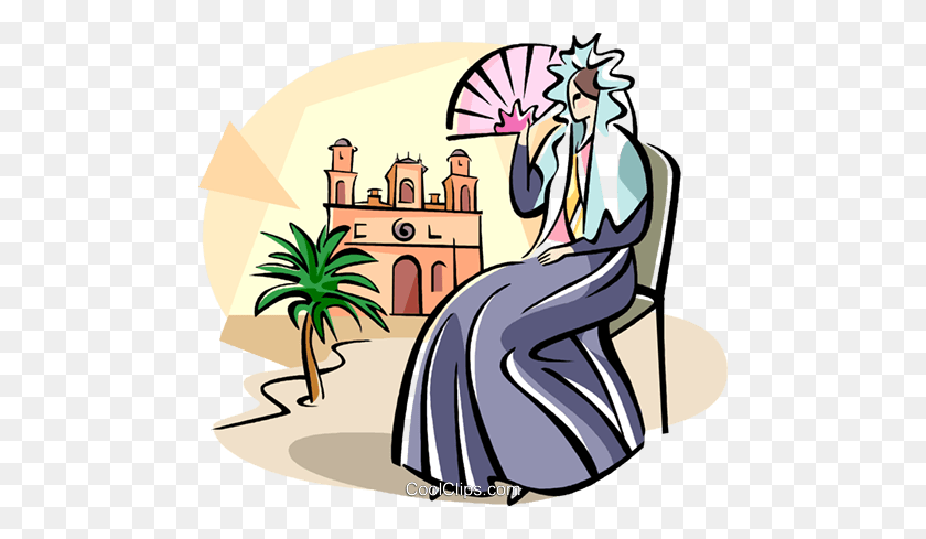 480x429 Spanish Woman With A Fan Royalty Free Vector Clip Art Illustration - Spanish Clipart