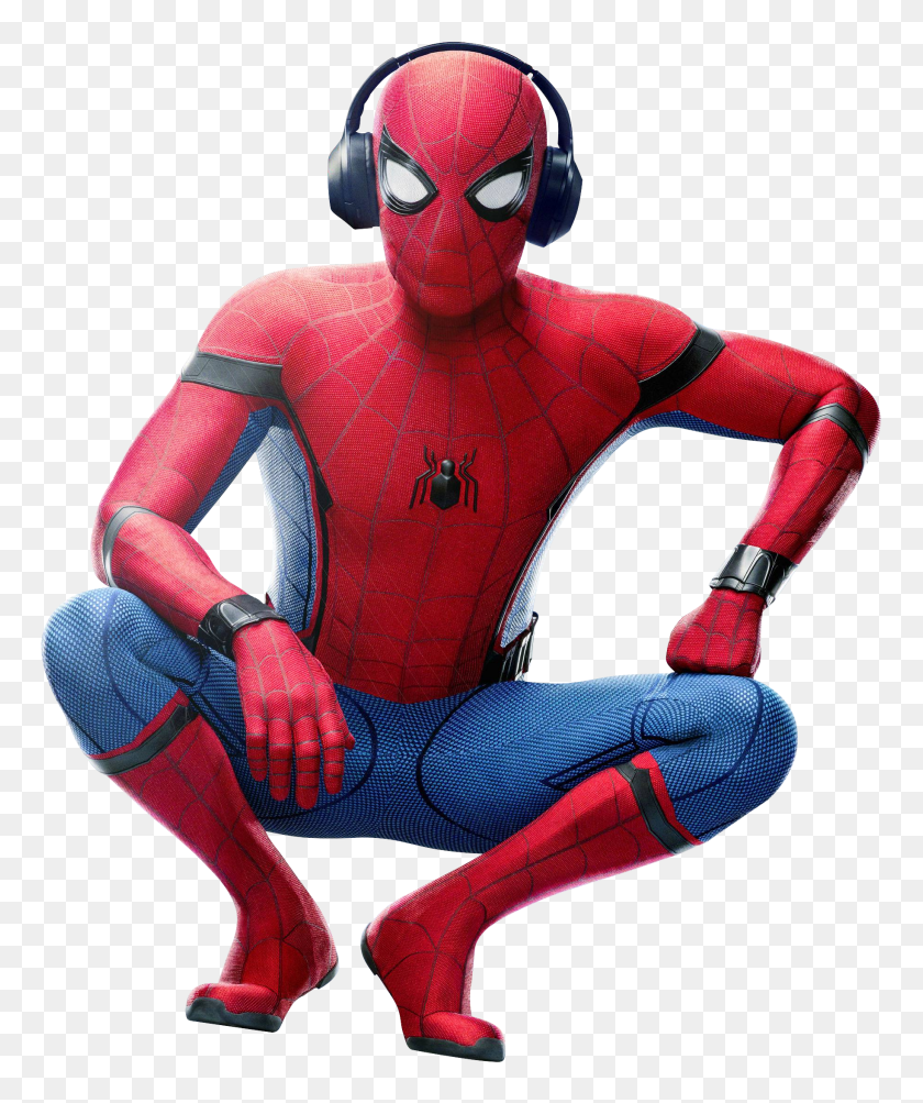 1829x2212 Spiderman Squatting With Headphones - Spiderman Homecoming PNG