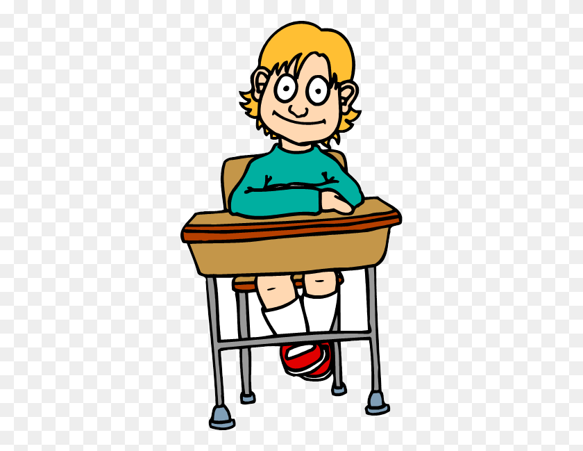 Student Boy Sit At Desk In Classroom Isolated On White Background