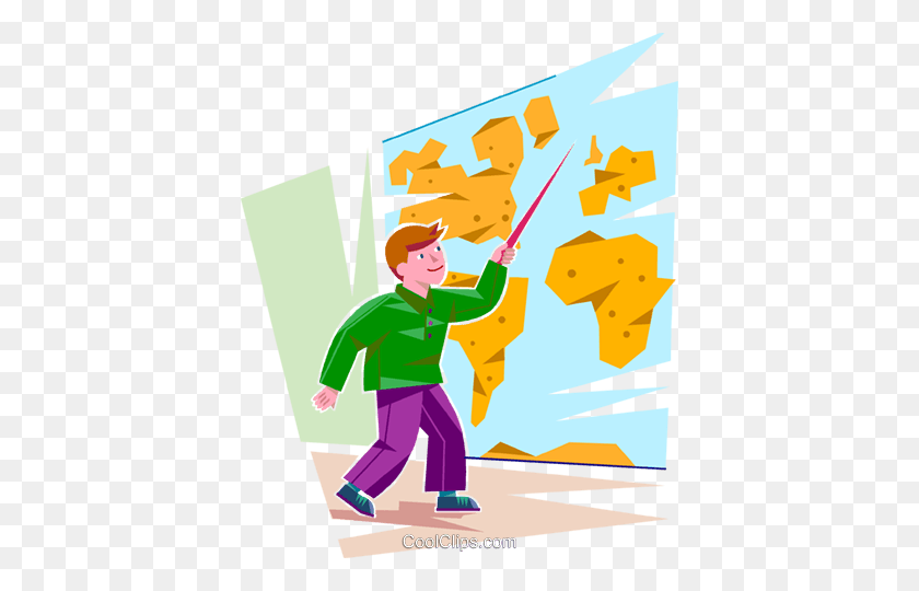 400x480 Student Pointing To A Location On A Map Royalty Free Vector Clip - Location Clipart