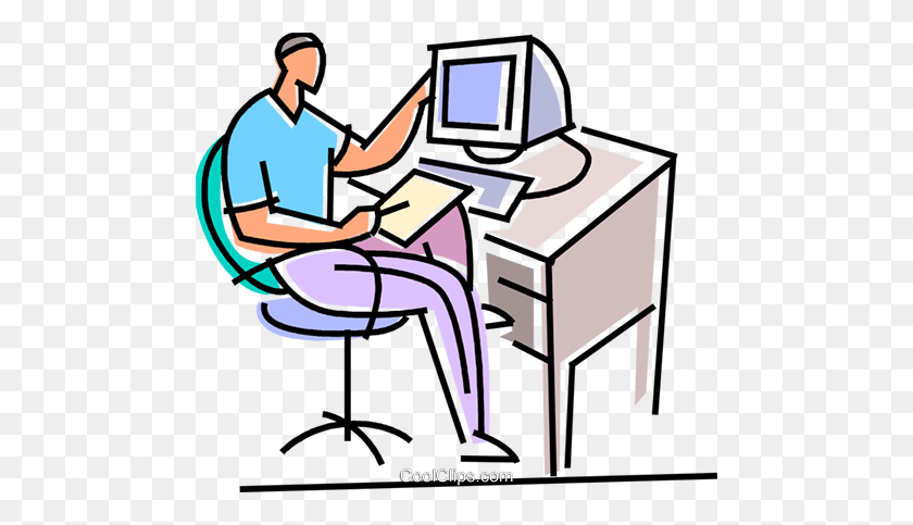 480x423 Student Working On His Computer Royalty Free Vector Clip Art - Student Working Clipart
