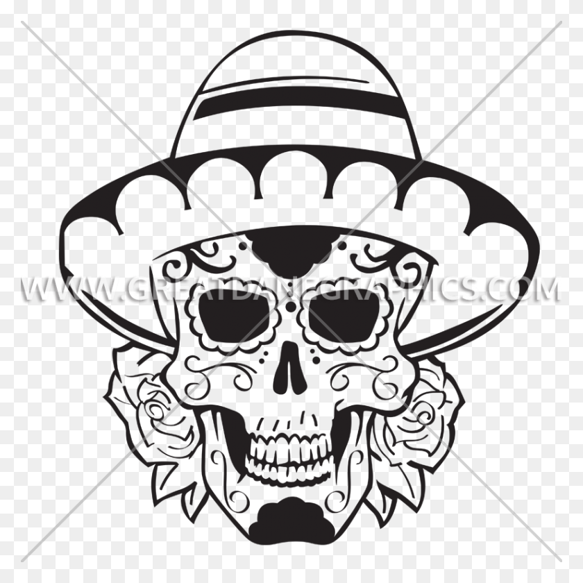 825x825 Sugar Skull Sombrero Production Ready Obra De Arte Para La Impresión De Camisetas - Sombrero Clipart Blanco Y Negro