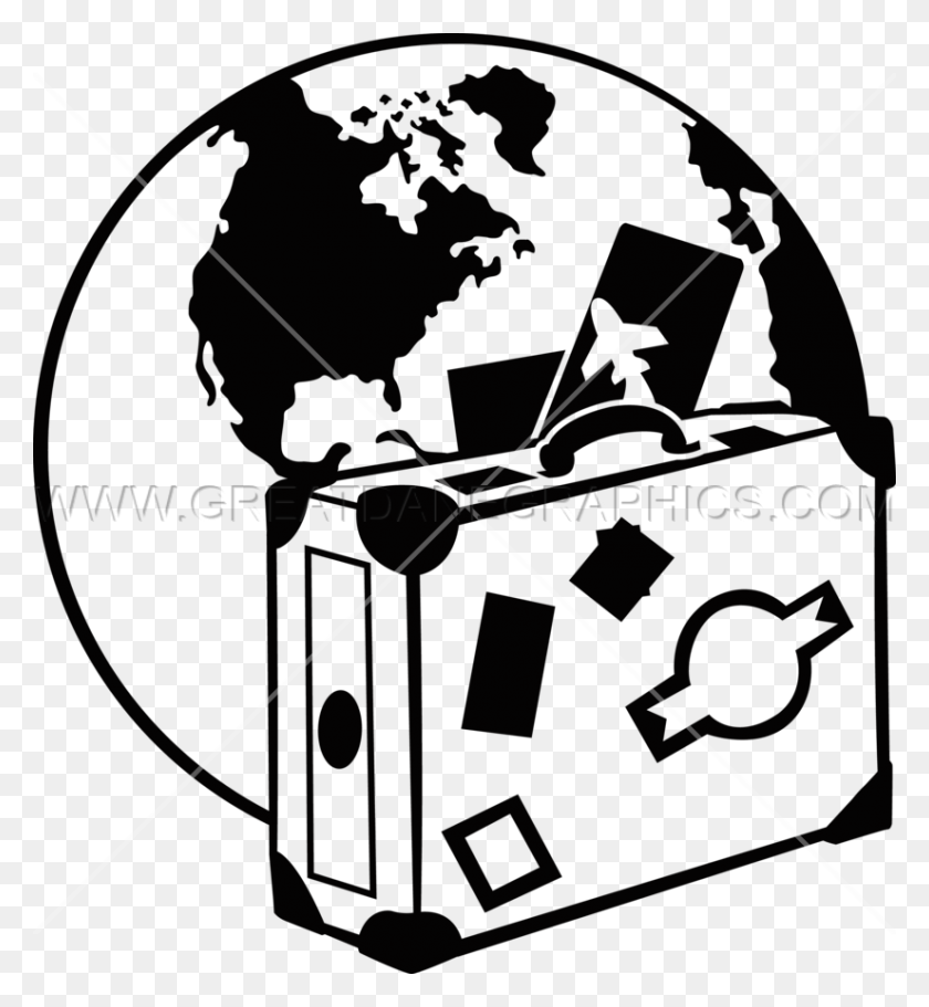 825x901 Suitcase Globe Production Ready Artwork For T Shirt Printing - Globe Black And White Clipart