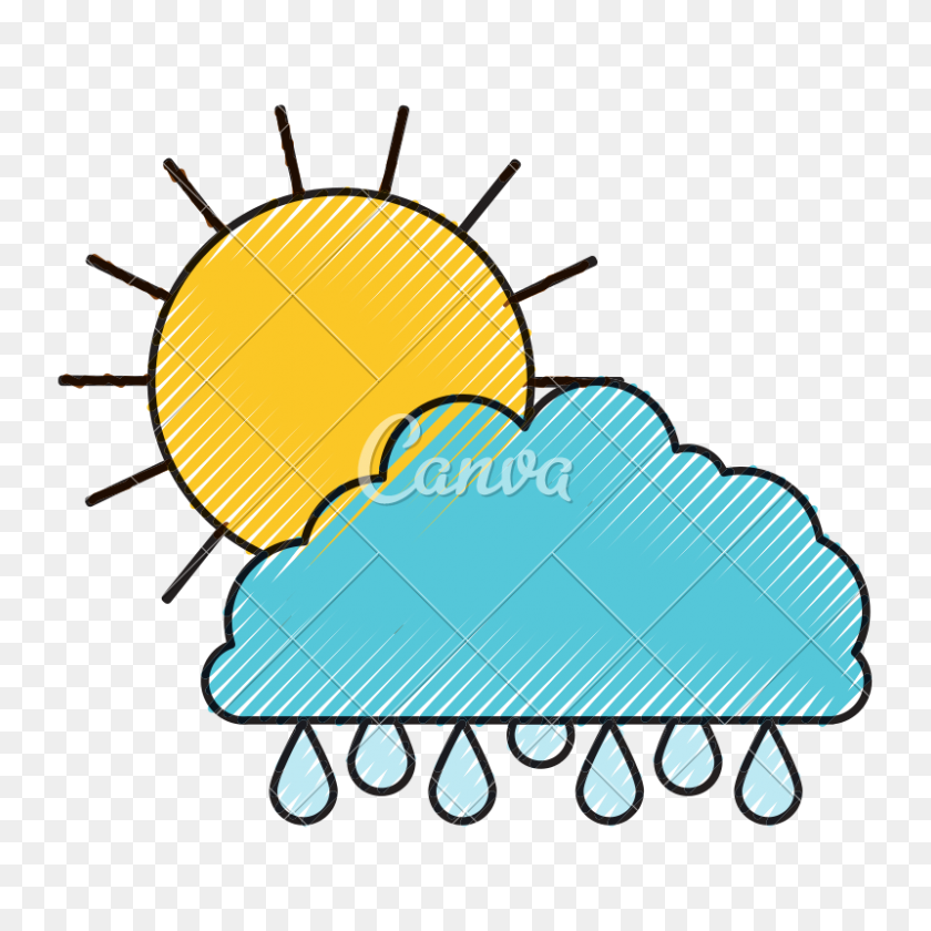 800x800 Sun And Cloud With Drops Rain Colored Crayon Silhouette - Sun Silhouette PNG