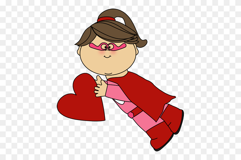 443x500 Superhero Girl Flying With A Valentine Heart Clip Art - Ad Clipart