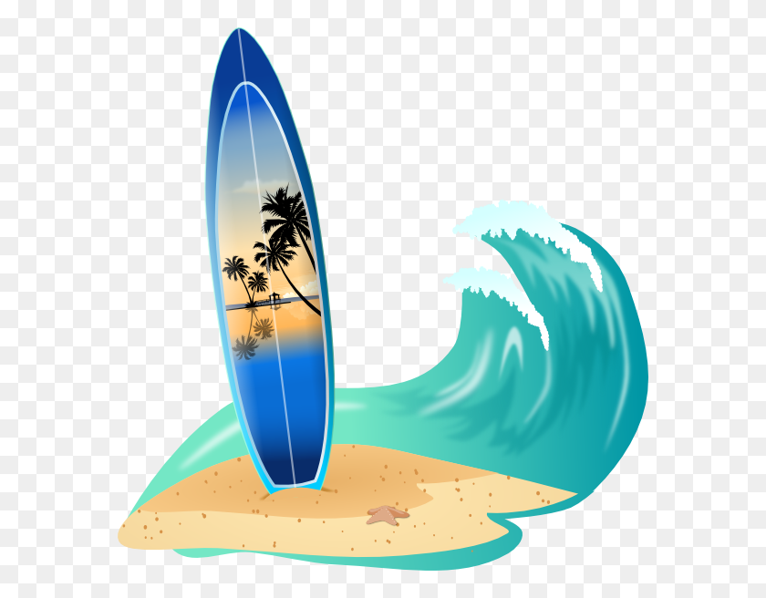 582x596 Surfboard And Wave Clip Art - Surfing Board Clipart