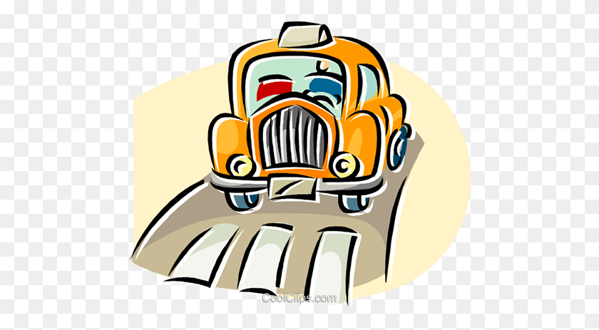 480x403 Taxi Driving Down The Road Royalty Free Vector Clip Art - Car Driving On Road Clipart