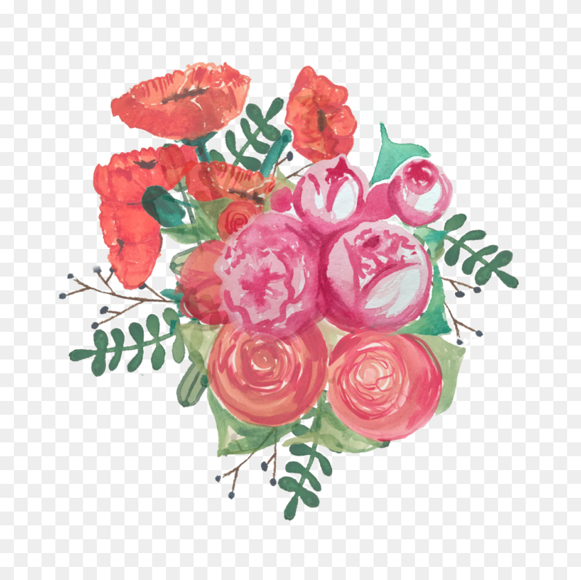 1000x1000 The Poppy The Peony Charmellow - Pink Watercolor Flowers PNG