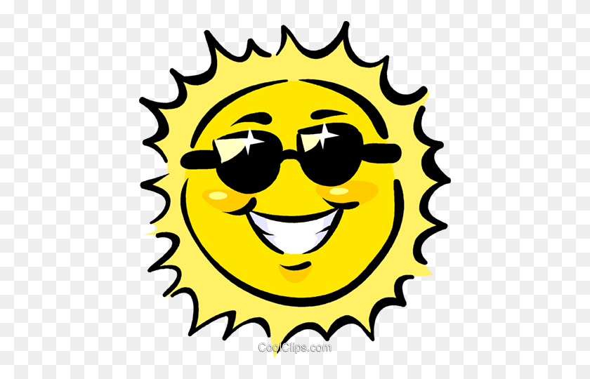 444x480 The Sun Wearing Sunglasses Royalty Free Vector Clip Art - Cool Sun Clipart