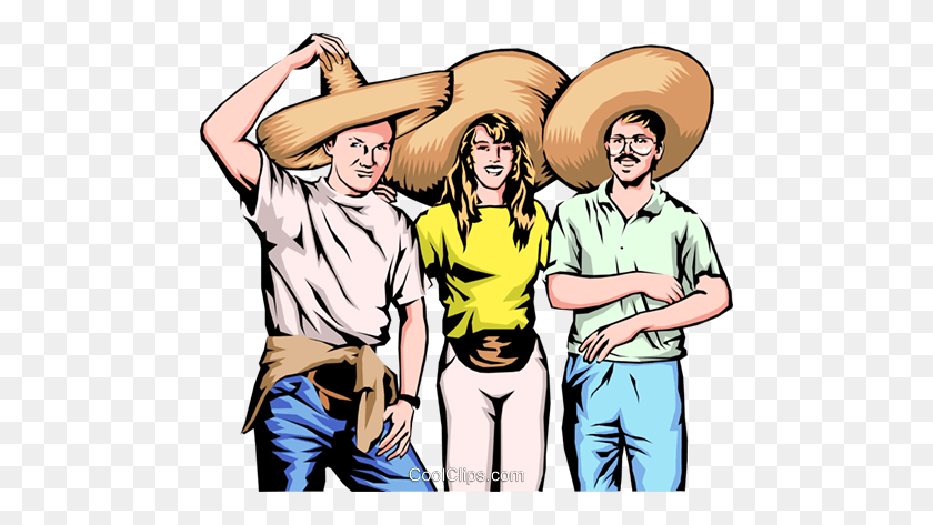 480x413 Three Friends With Mexican Hats Royalty Free Vector Clip Art - Group Of Friends Clipart