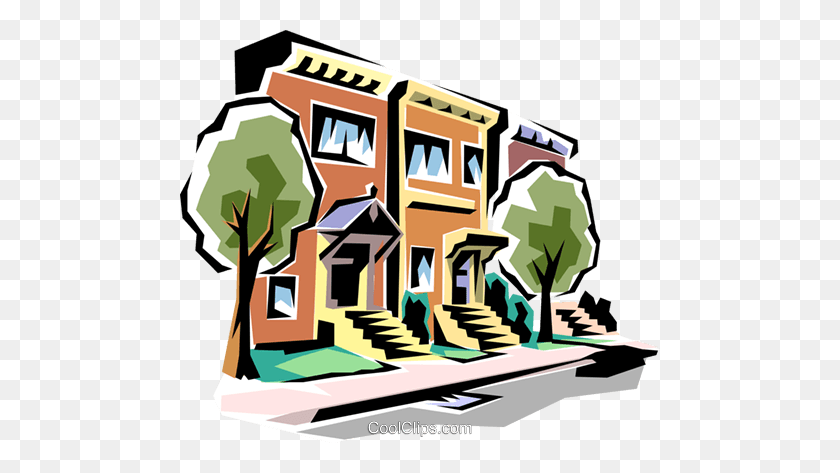 480x413 Townhouses Royalty Free Vector Clip Art Illustration - Urban Community Clipart