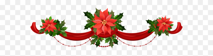 600x163 Transparent Christmas Garland With Poinsettias Png Clipart - Christmas Garland PNG