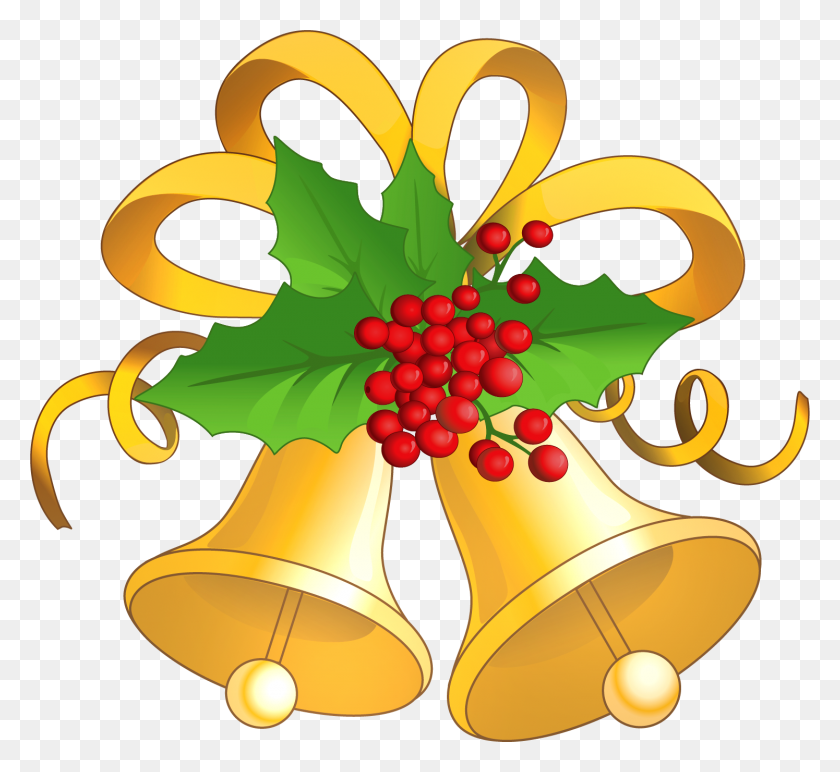 1495x1366 Transparent Christmas Gold Bells With Mistletoe Png Clipart - Handbell Clipart