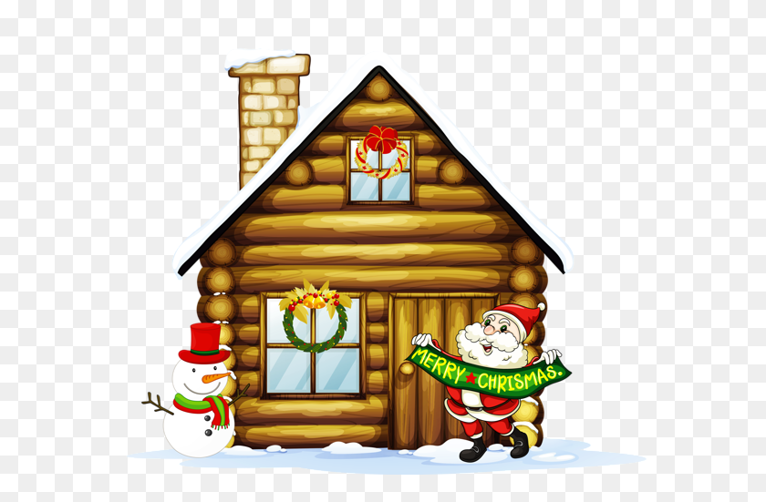600x491 Transparent Christmas House With Santa And Snowman Clipart Its - Cabin Clipart